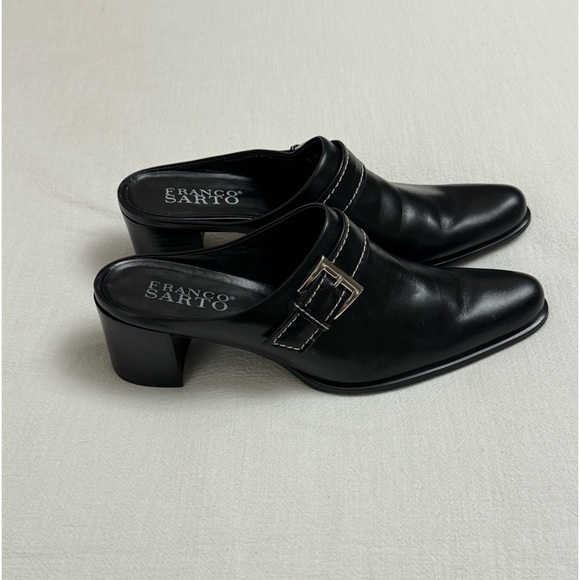 Franco Sarto Black Leather Slip On Mules Size 9.5 Crossover Buckle Classic Boho - Picture 12 of 12
